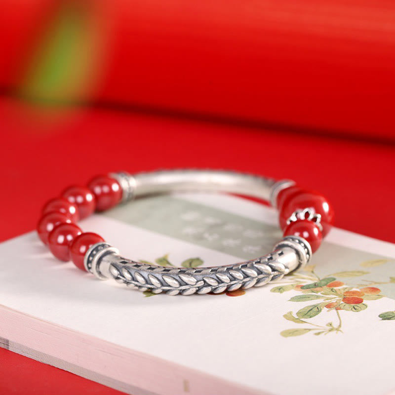 Fortune Jewel 999 Sterling Silver Cinnabar Wheat Ears Blessing Bracelet Bangle