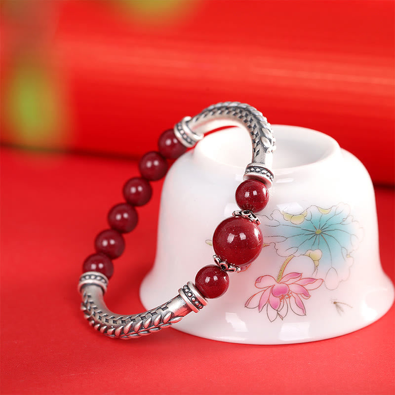 Fortune Jewel 999 Sterling Silver Cinnabar Wheat Ears Blessing Bracelet Bangle