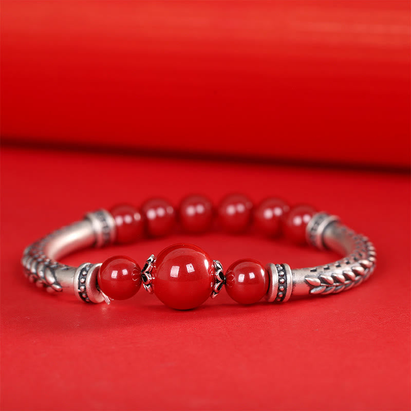 Fortune Jewel 999 Sterling Silver Cinnabar Wheat Ears Blessing Bracelet Bangle
