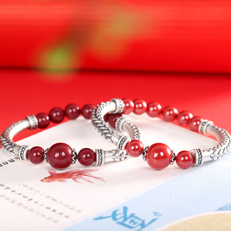 Fortune Jewel 999 Sterling Silver Cinnabar Wheat Ears Blessing Bracelet Bangle