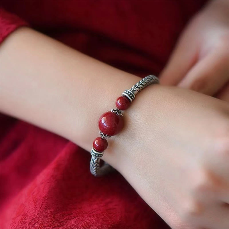 Fortune Jewel 999 Sterling Silver Cinnabar Wheat Ears Blessing Bracelet Bangle