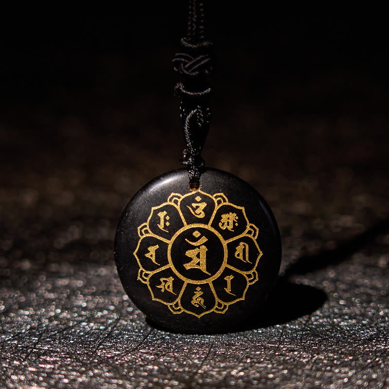 Fortune Jewel Om Mani Padme Hum Natural Various Crystal Black Obsidian Strength Necklace Pendant