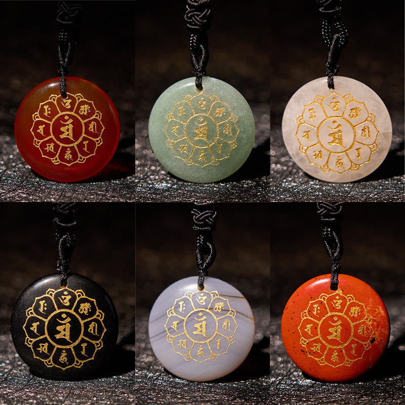 Fortune Jewel Om Mani Padme Hum Natural Various Crystal Black Obsidian Strength Necklace Pendant