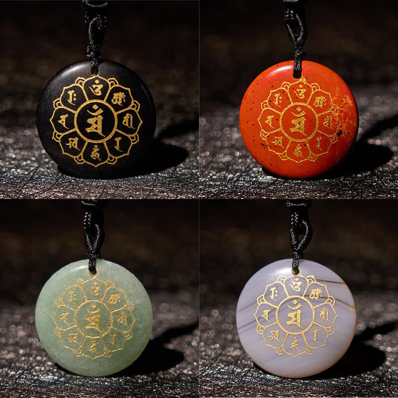 Fortune Jewel Om Mani Padme Hum Natural Various Crystal Black Obsidian Strength Necklace Pendant