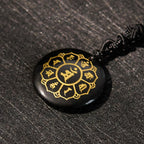 Fortune Jewel Om Mani Padme Hum Natural Various Crystal Black Obsidian Strength Necklace Pendant