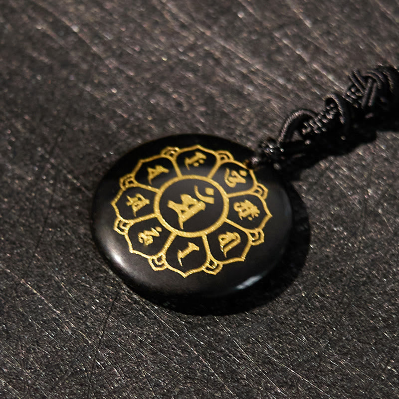 Fortune Jewel Om Mani Padme Hum Natural Various Crystal Black Obsidian Strength Necklace Pendant