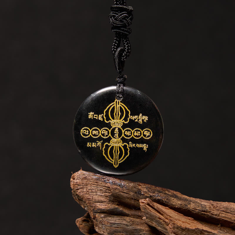 Fortune Jewel Vajra Dorje Sanskrit Pattern Natural Various Crystal Black Obsidian Fulfilment Necklace Pendant