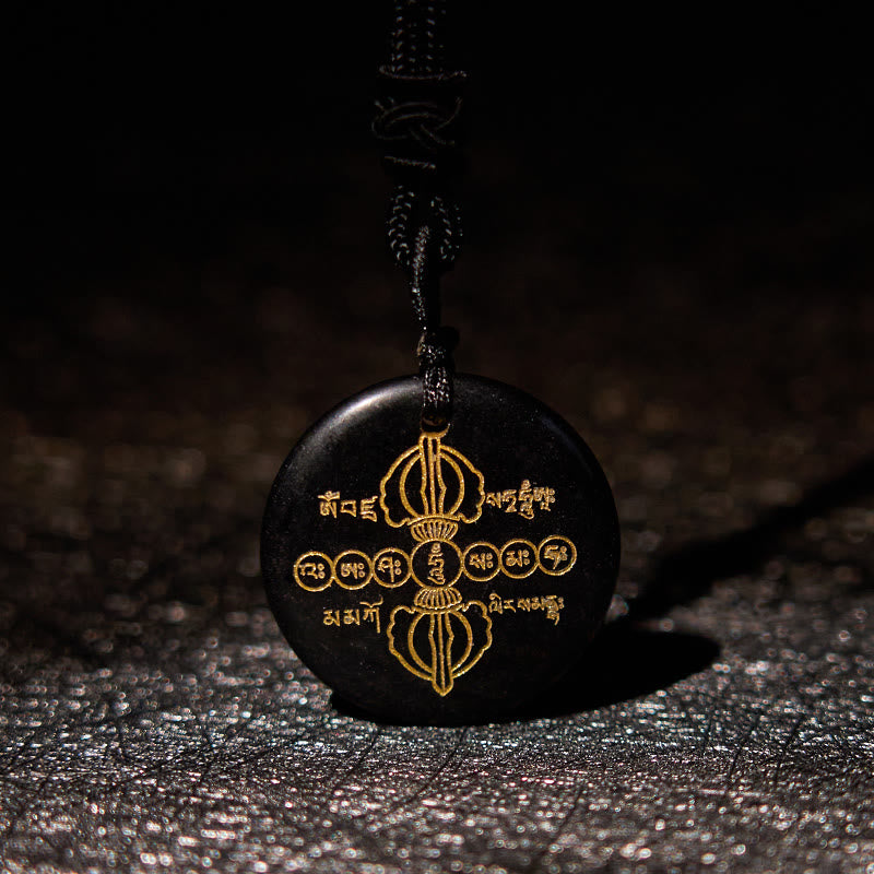 Fortune Jewel Vajra Dorje Sanskrit Pattern Natural Various Crystal Black Obsidian Fulfilment Necklace Pendant