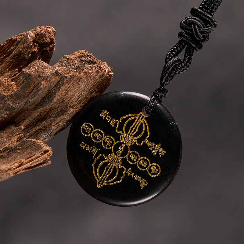 Fortune Jewel Vajra Dorje Sanskrit Pattern Natural Various Crystal Black Obsidian Fulfilment Necklace Pendant
