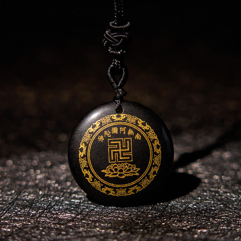 Fortune Jewel Swastika Lotus Pattern Natural Various Crystal Black Obsidian Purification Necklace Pendant