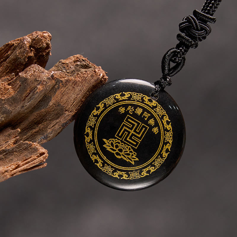 Fortune Jewel Swastika Lotus Pattern Natural Various Crystal Black Obsidian Purification Necklace Pendant