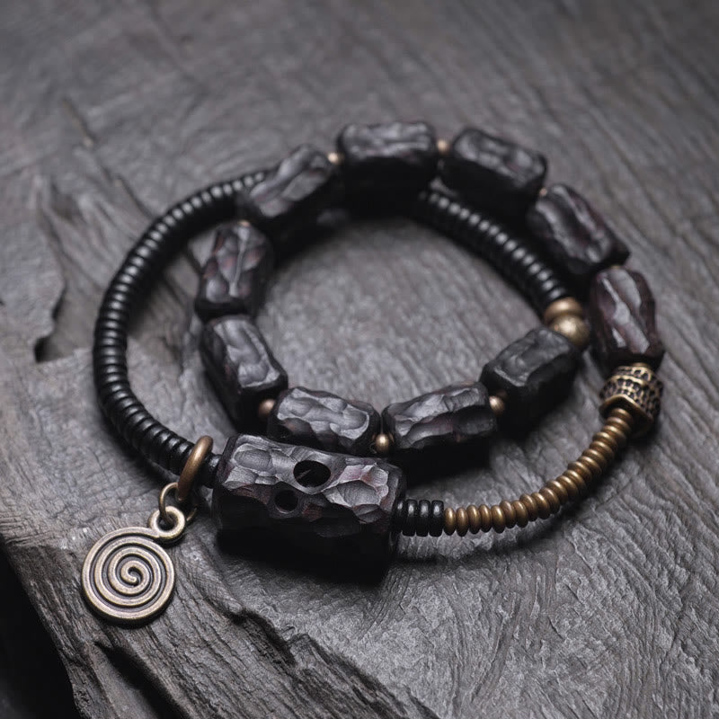 Fortune Jewel Ebony Wood Copper Brass Red Agate Peace Double Wrap Bracelet
