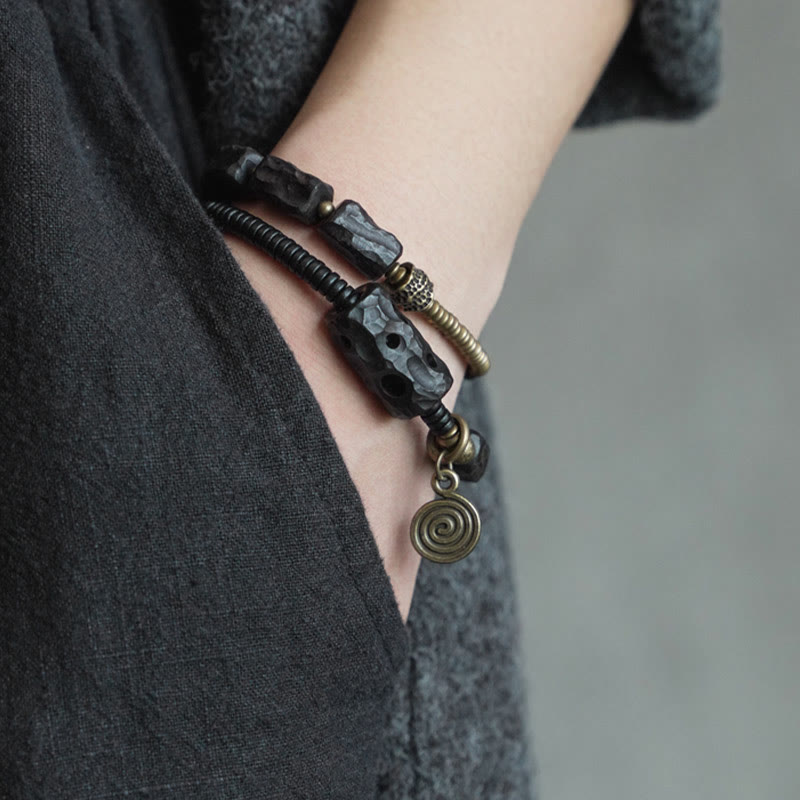 Fortune Jewel Ebony Wood Copper Brass Red Agate Peace Double Wrap Bracelet