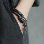 Fortune Jewel Ebony Wood Copper Brass Red Agate Peace Double Wrap Bracelet