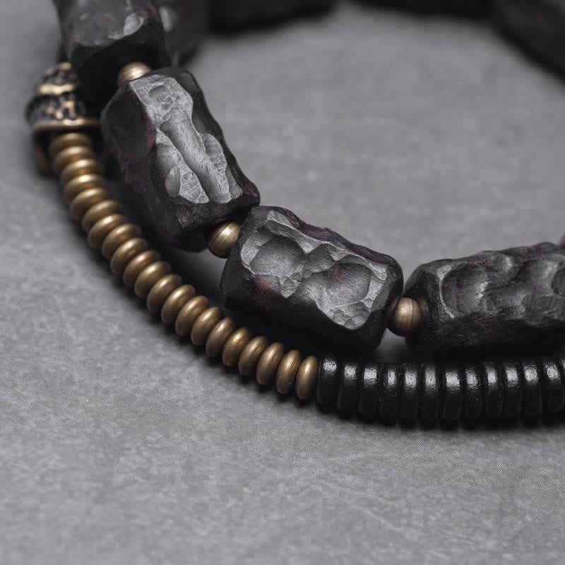 Fortune Jewel Ebony Wood Copper Brass Red Agate Peace Double Wrap Bracelet