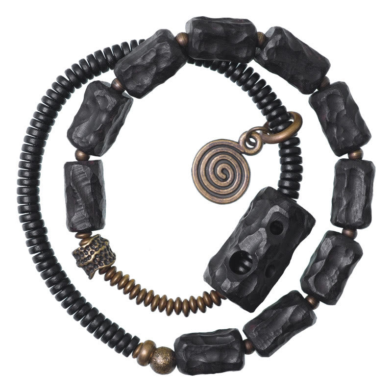 Fortune Jewel Ebony Wood Copper Brass Red Agate Peace Double Wrap Bracelet
