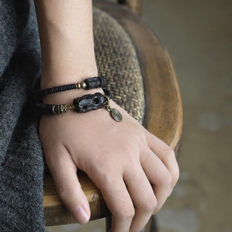 Fortune Jewel Ebony Wood Copper Brass Red Agate Peace Double Wrap Bracelet