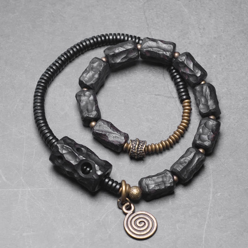 Fortune Jewel Ebony Wood Copper Brass Red Agate Peace Double Wrap Bracelet