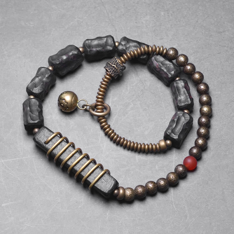 Fortune Jewel Ebony Wood Copper Brass Red Agate Peace Double Wrap Bracelet