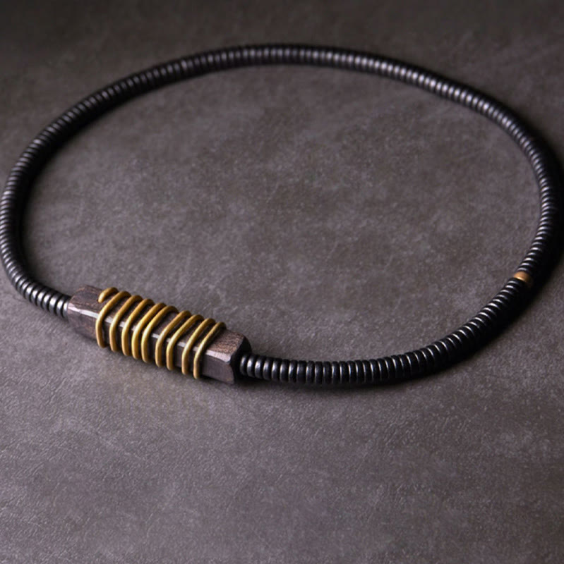 Fortune Jewel Ebony Wood Copper Brass Balance Ball Cuboid Double Wrap Bracelet Necklace