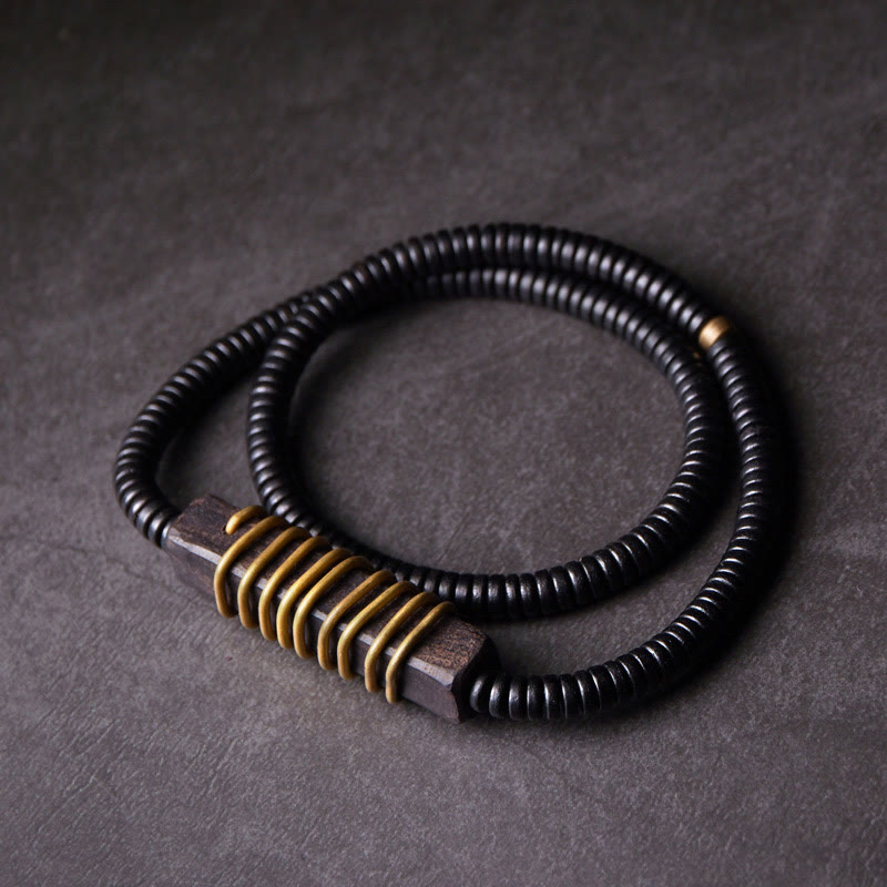 Fortune Jewel Ebony Wood Copper Brass Balance Ball Cuboid Double Wrap Bracelet Necklace