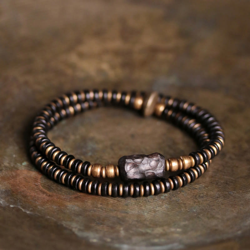 Fortune Jewel Ebony Wood Green Sandalwood Copper Brass Calm Double Wrap Bracelet