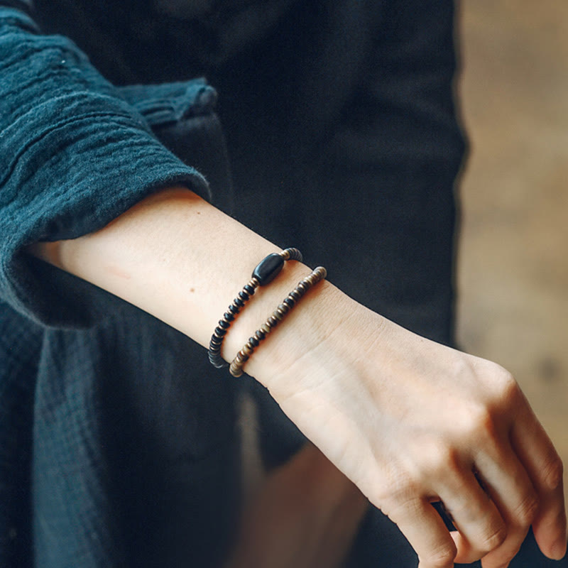 Fortune Jewel Ebony Wood Green Sandalwood Copper Brass Calm Double Wrap Bracelet