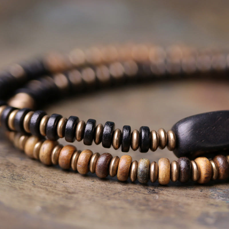 Fortune Jewel Ebony Wood Green Sandalwood Copper Brass Calm Double Wrap Bracelet