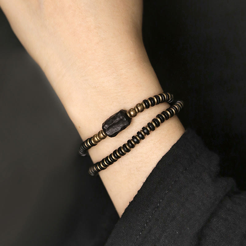 Fortune Jewel Ebony Wood Green Sandalwood Copper Brass Calm Double Wrap Bracelet