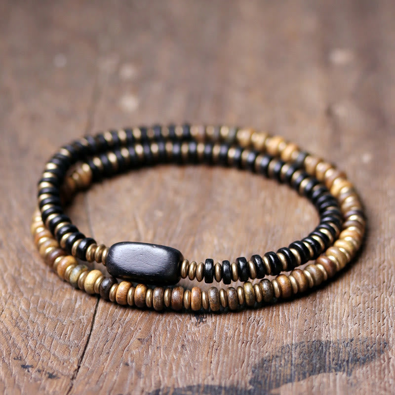 Fortune Jewel Ebony Wood Green Sandalwood Copper Brass Calm Double Wrap Bracelet