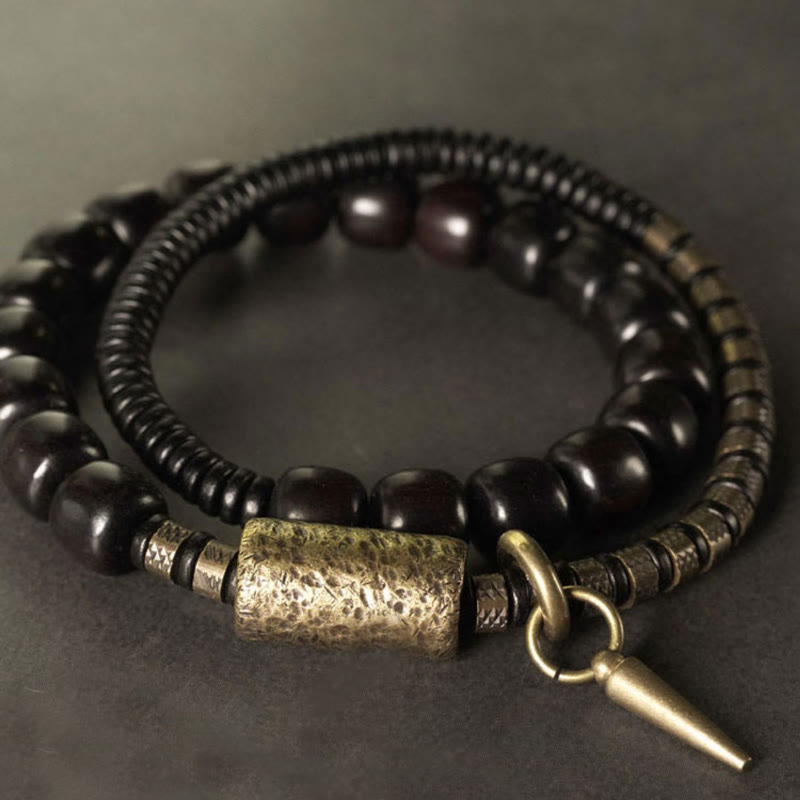 Fortune Jewel Ebony Wood Copper Brass Vintage Bead Cone Double Wrap Balance Bracelet