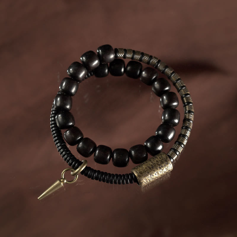 Fortune Jewel Ebony Wood Copper Brass Vintage Bead Cone Double Wrap Balance Bracelet