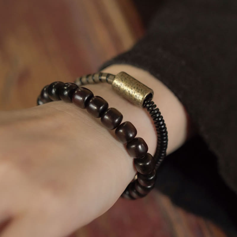 Fortune Jewel Ebony Wood Copper Brass Vintage Bead Cone Double Wrap Balance Bracelet
