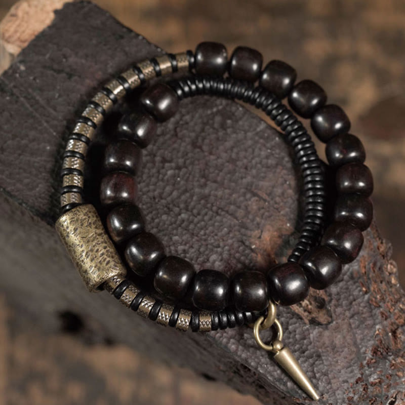 Fortune Jewel Ebony Wood Copper Brass Vintage Bead Cone Double Wrap Balance Bracelet