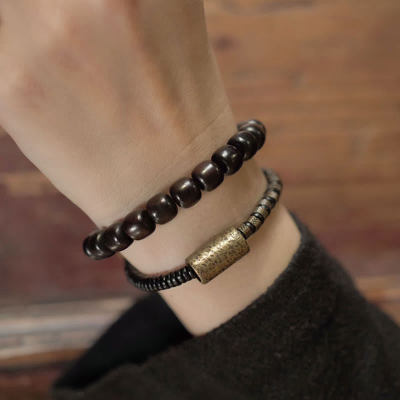 Fortune Jewel Ebony Wood Copper Brass Vintage Bead Cone Double Wrap Balance Bracelet