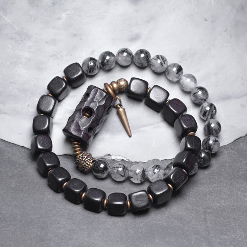 Fortune Jewel Ebony Wood Black Rutilated Quartz Copper Brass Double Wrap Balance Bracelet