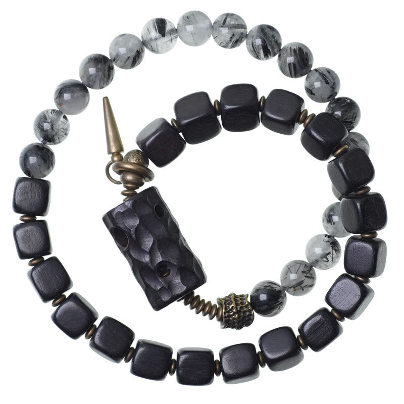 Fortune Jewel Ebony Wood Black Rutilated Quartz Copper Brass Double Wrap Balance Bracelet