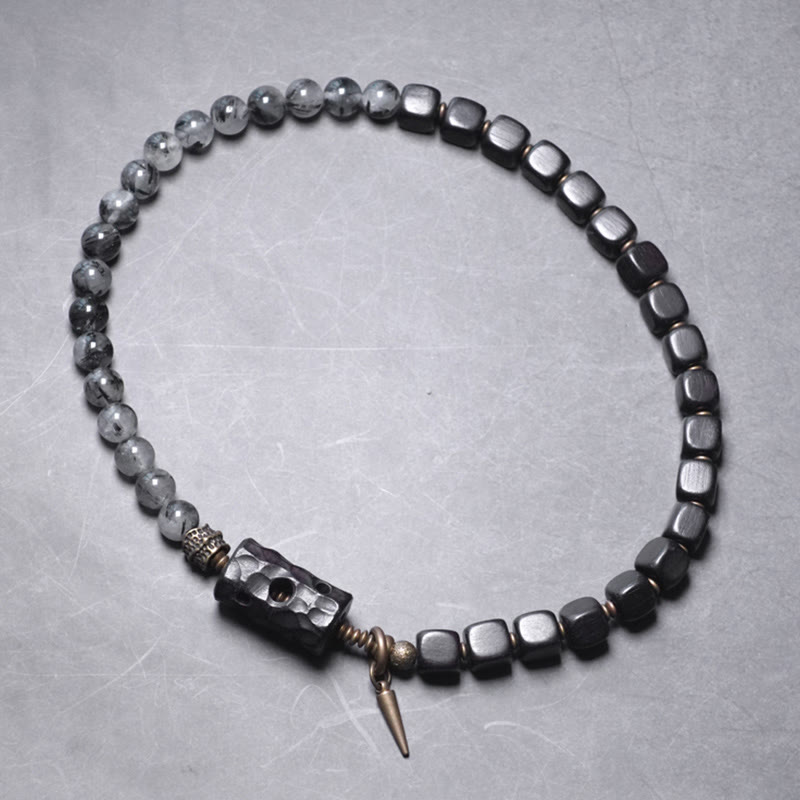Fortune Jewel Ebony Wood Black Rutilated Quartz Copper Brass Double Wrap Balance Bracelet