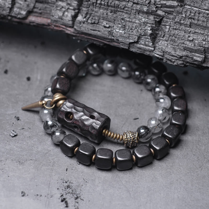 Fortune Jewel Ebony Wood Black Rutilated Quartz Copper Brass Double Wrap Balance Bracelet