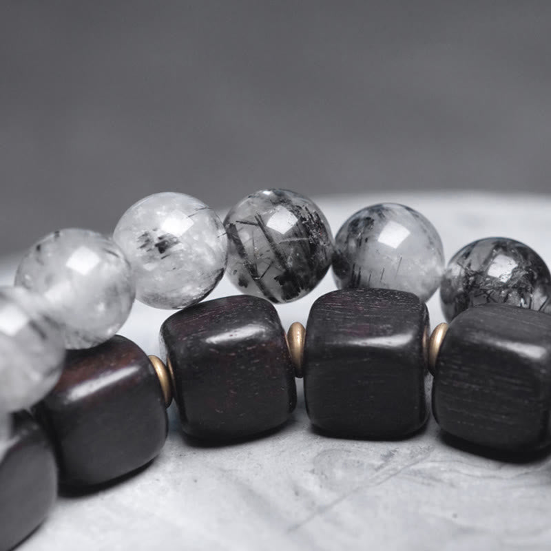Fortune Jewel Ebony Wood Black Rutilated Quartz Copper Brass Double Wrap Balance Bracelet