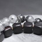Fortune Jewel Ebony Wood Black Rutilated Quartz Copper Brass Double Wrap Balance Bracelet