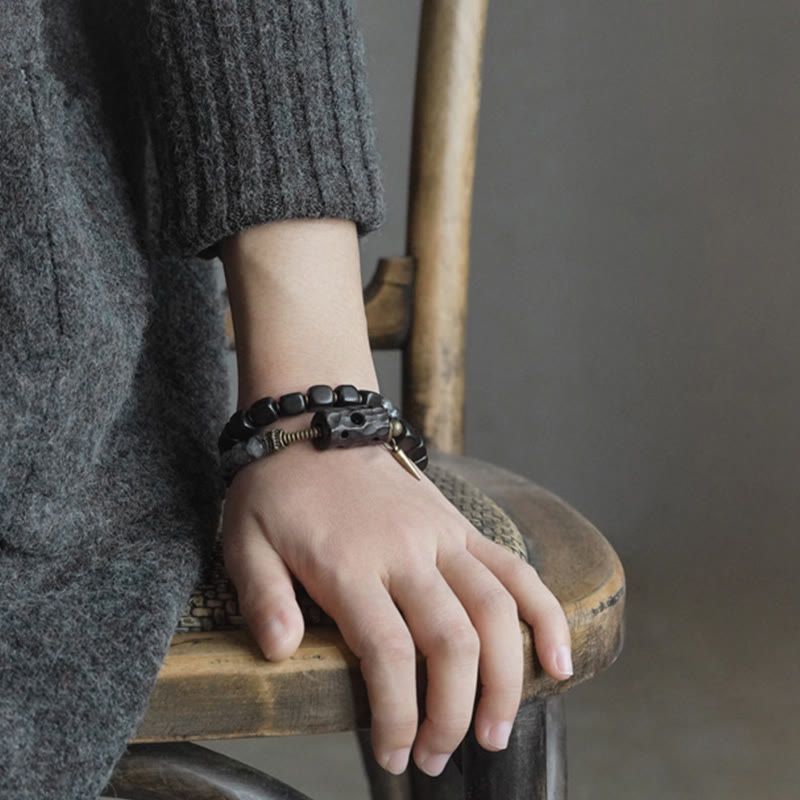Fortune Jewel Ebony Wood Black Rutilated Quartz Copper Brass Double Wrap Balance Bracelet