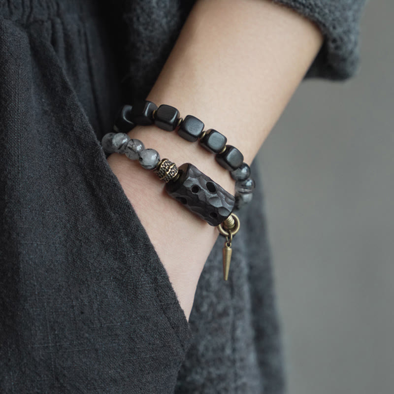 Fortune Jewel Ebony Wood Black Rutilated Quartz Copper Brass Double Wrap Balance Bracelet