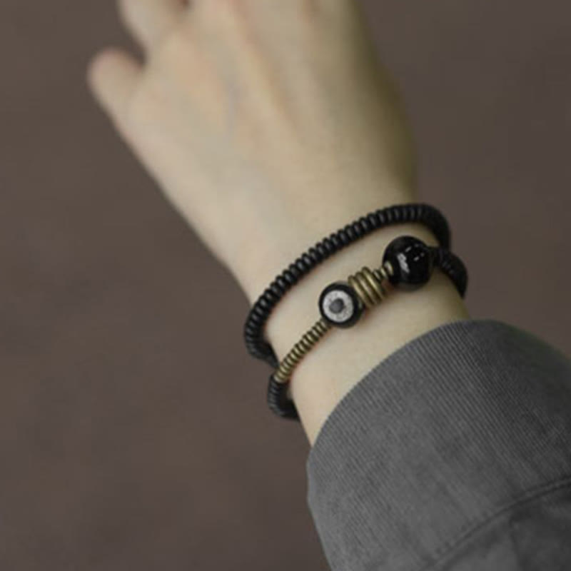 Fortune Jewel Ebony Wood Green Sandalwood Copper Brass Dzi Bead Black Onyx Calm Double Wrap Bracelet