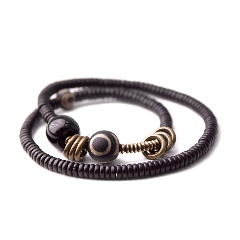 Fortune Jewel Ebony Wood Green Sandalwood Copper Brass Dzi Bead Black Onyx Calm Double Wrap Bracelet
