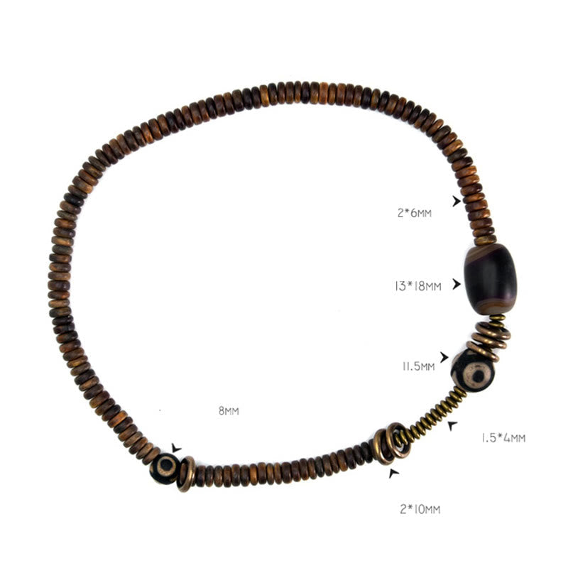 Fortune Jewel Ebony Wood Green Sandalwood Copper Brass Dzi Bead Black Onyx Calm Double Wrap Bracelet