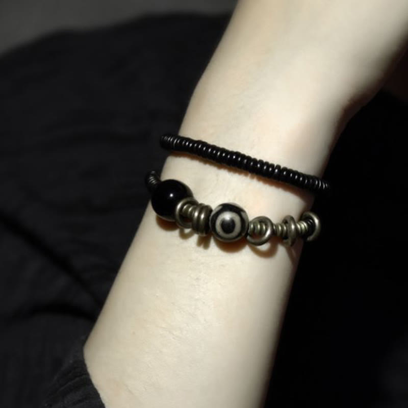 Fortune Jewel Ebony Wood Green Sandalwood Copper Brass Dzi Bead Black Onyx Calm Double Wrap Bracelet