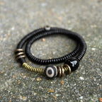 Fortune Jewel Ebony Wood Green Sandalwood Copper Brass Dzi Bead Black Onyx Calm Double Wrap Bracelet