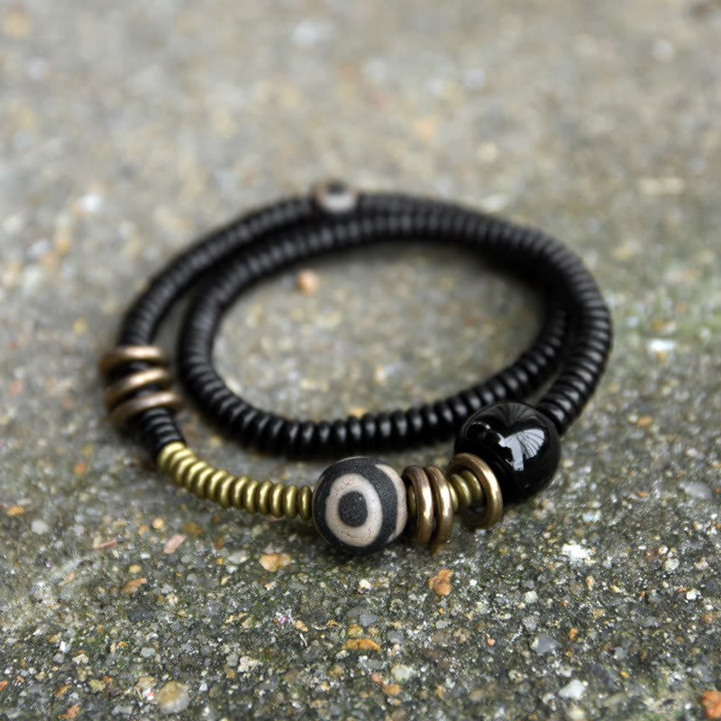 Fortune Jewel Ebony Wood Green Sandalwood Copper Brass Dzi Bead Black Onyx Calm Double Wrap Bracelet