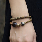 Fortune Jewel Ebony Wood Green Sandalwood Copper Brass Dzi Bead Black Onyx Calm Double Wrap Bracelet